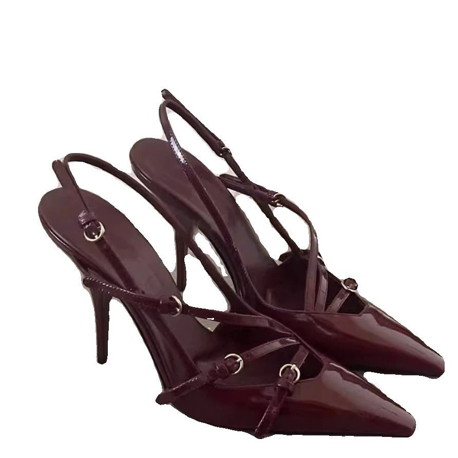2024New Patent Leather One-Strap Cat Heel Closed-Toe Sandals Sexy Black Silk Pointed Toe Stiletto High Heels for Women