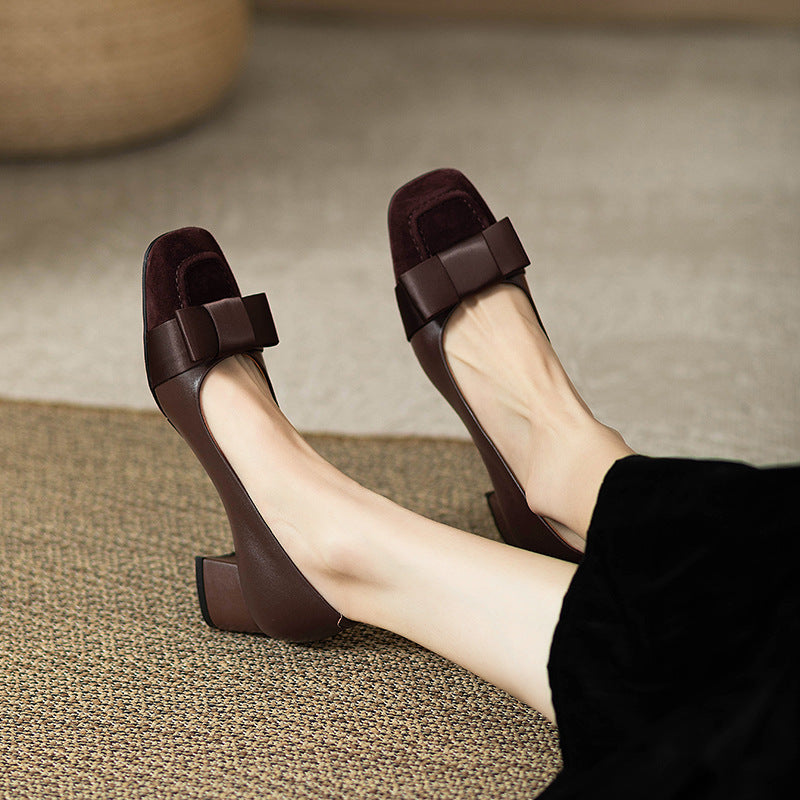 French style color-blocking high heels for women2024Spring and Autumn New Style Chunky Heel Bow Retro Mid-Heel Single Shoes