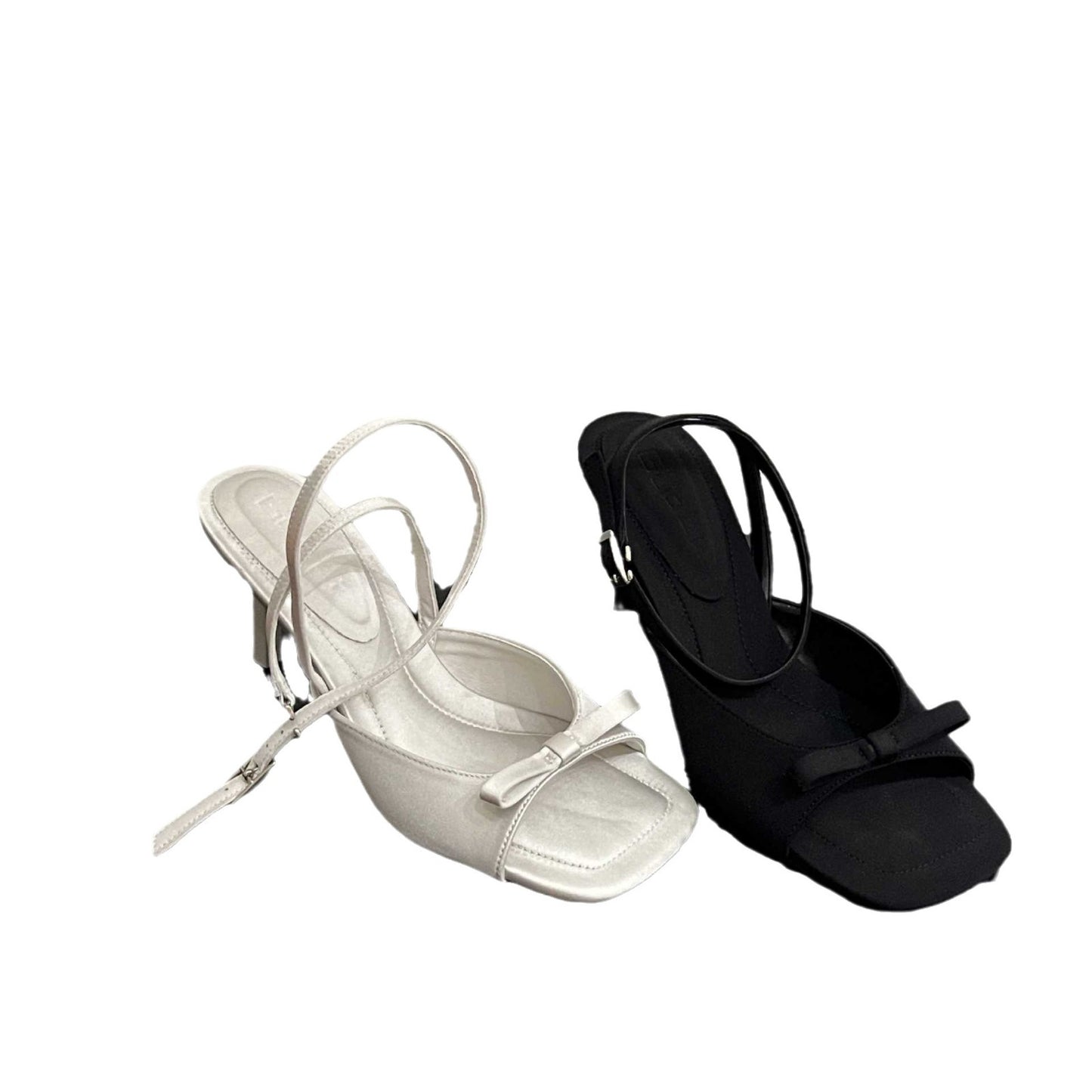 Ankle Strap silver Satin Bow High Heel Sandals Thin Heel Open Toe Women's Sandals Elegant