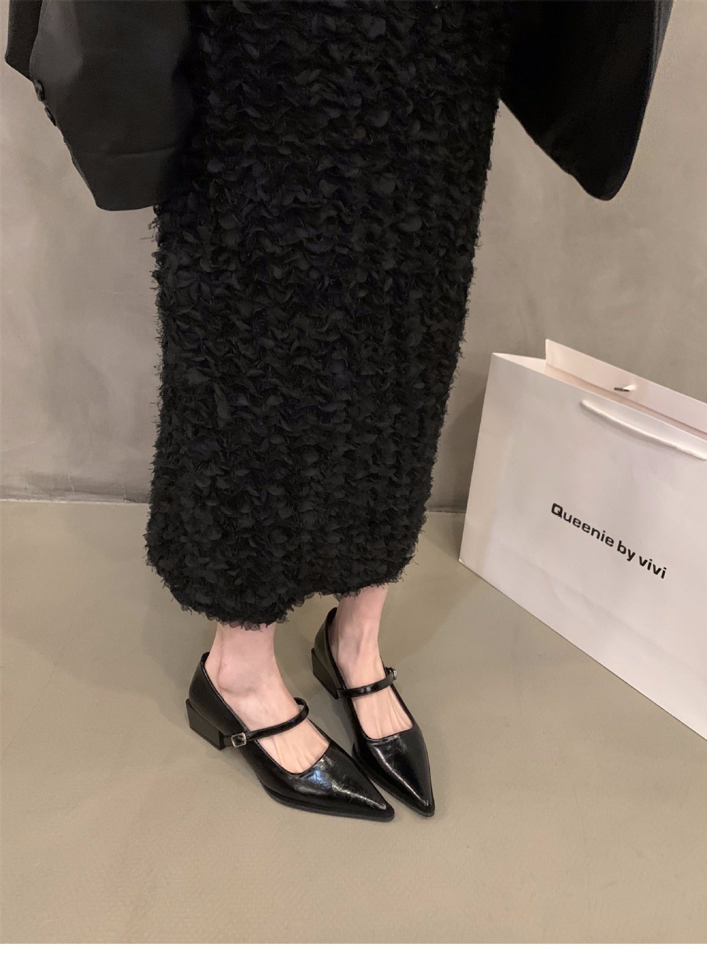 French style mid-high heel black pointed toe women's shoes2024New Spring Autumn Winter Mary Jane Evening Shoes
