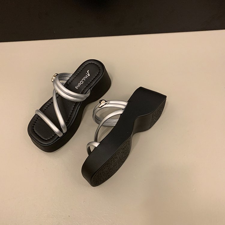 Solid Color Platform Sole Slippers PU Rubber mid-heel(3-5cm)