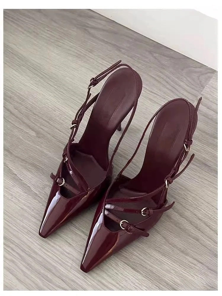 2024New Patent Leather One-Strap Cat Heel Closed-Toe Sandals Sexy Black Silk Pointed Toe Stiletto High Heels for Women