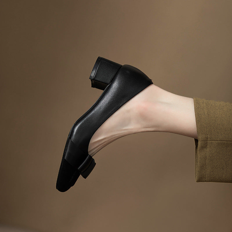 French style color-blocking high heels for women2024Spring and Autumn New Style Chunky Heel Bow Retro Mid-Heel Single Shoes