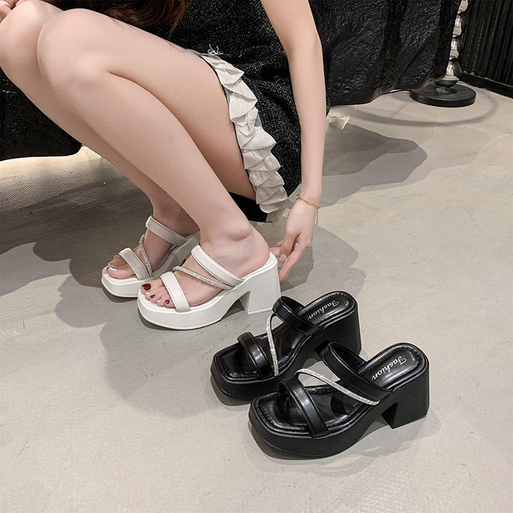 Solid Color Rubber Chunky Heel PU High Heel Slippers