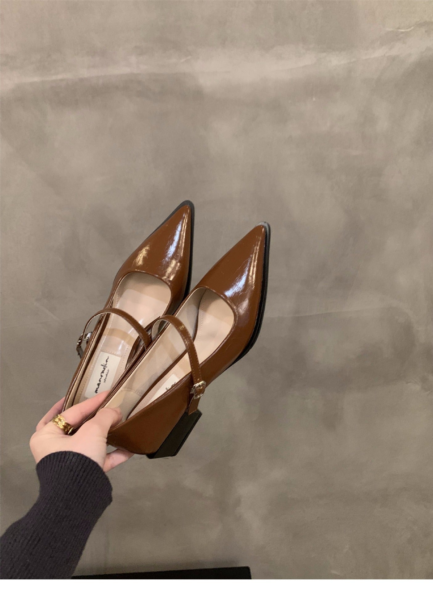 French style mid-high heel black pointed toe women's shoes2024New Spring Autumn Winter Mary Jane Evening Shoes