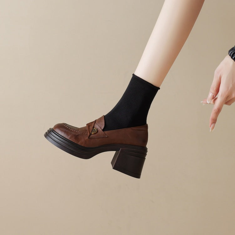Soft and fluffy!2024Handmade Camellia Thick Sole Chunky High Heel Loafers