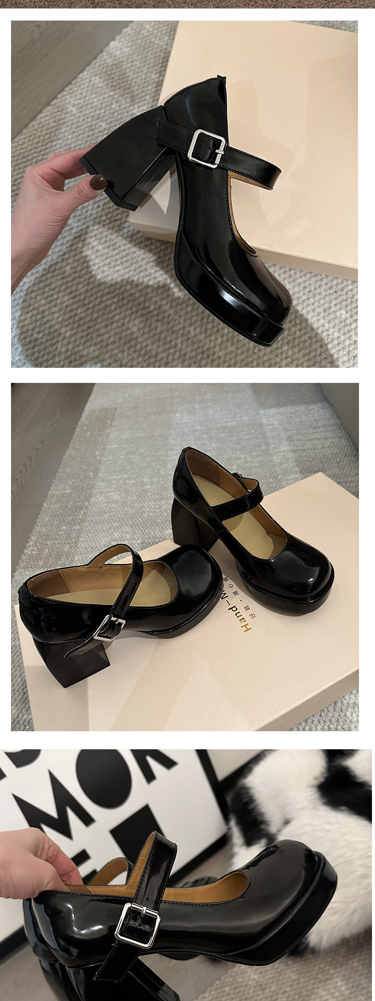 Black thick high heels2023New Style One-Strap Mary Jane Shoes Shallow Mouth Single Shoes for Women Round Toe