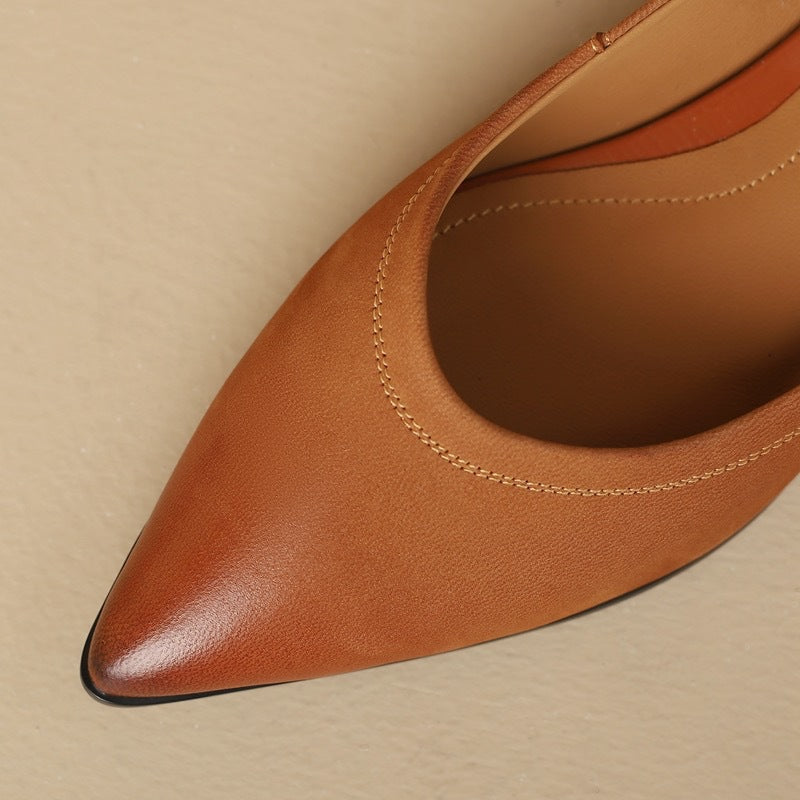 French Retro Color-Washed Pointed Toe Shallow Mouth Women's Shoes2023Spring new style comfortable soft leather thick heel low heel shoes