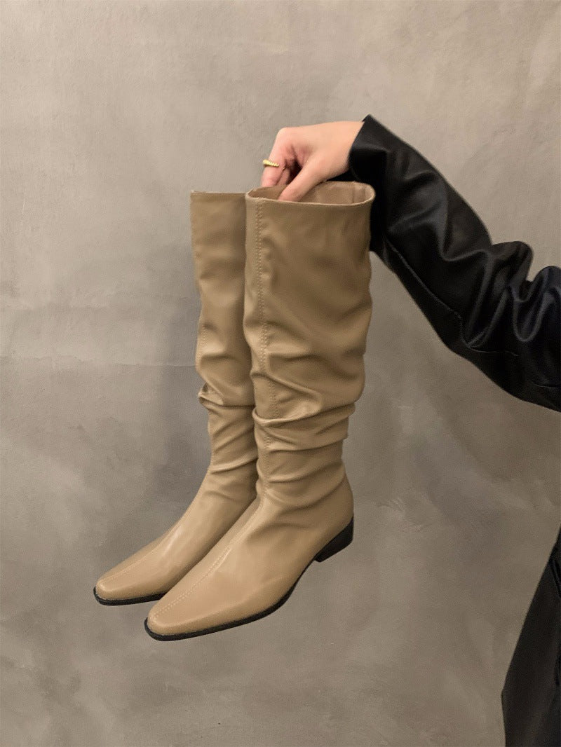 Chunky Heel Ruched Slouchy Long Tube Riding Boots for Women2024New Spring and Autumn Western Slim Mid-Calf Long Boots