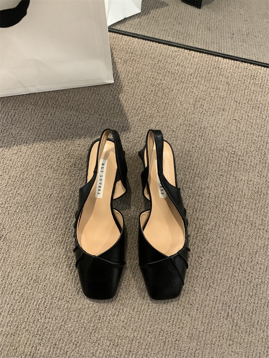 2024Spring Summer New High Heel Closed Toe Backless Sandals Women's Shoes Chunky Heel Shallow Mouth French Gentle Style Single Shoes Women's Shoes