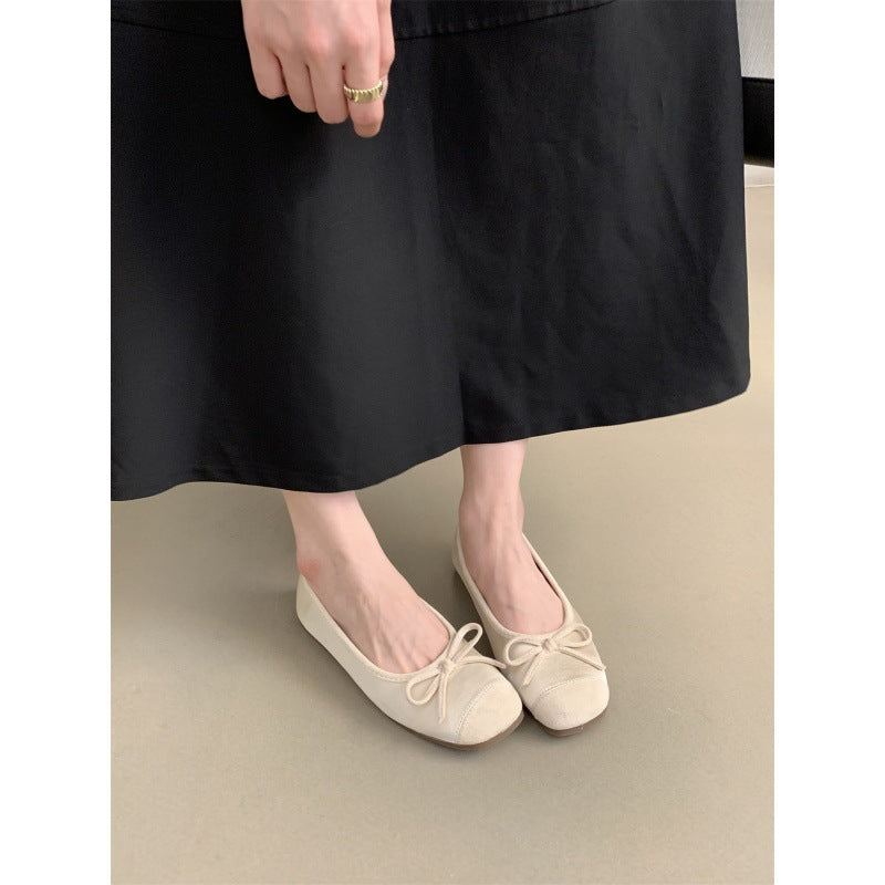 Round Toe Shallow Mouth Single Shoes for Women, Spring and Autumn New Soft Leather Ballet Fairy Style Gentle Slip-On Soft Flat Loafers