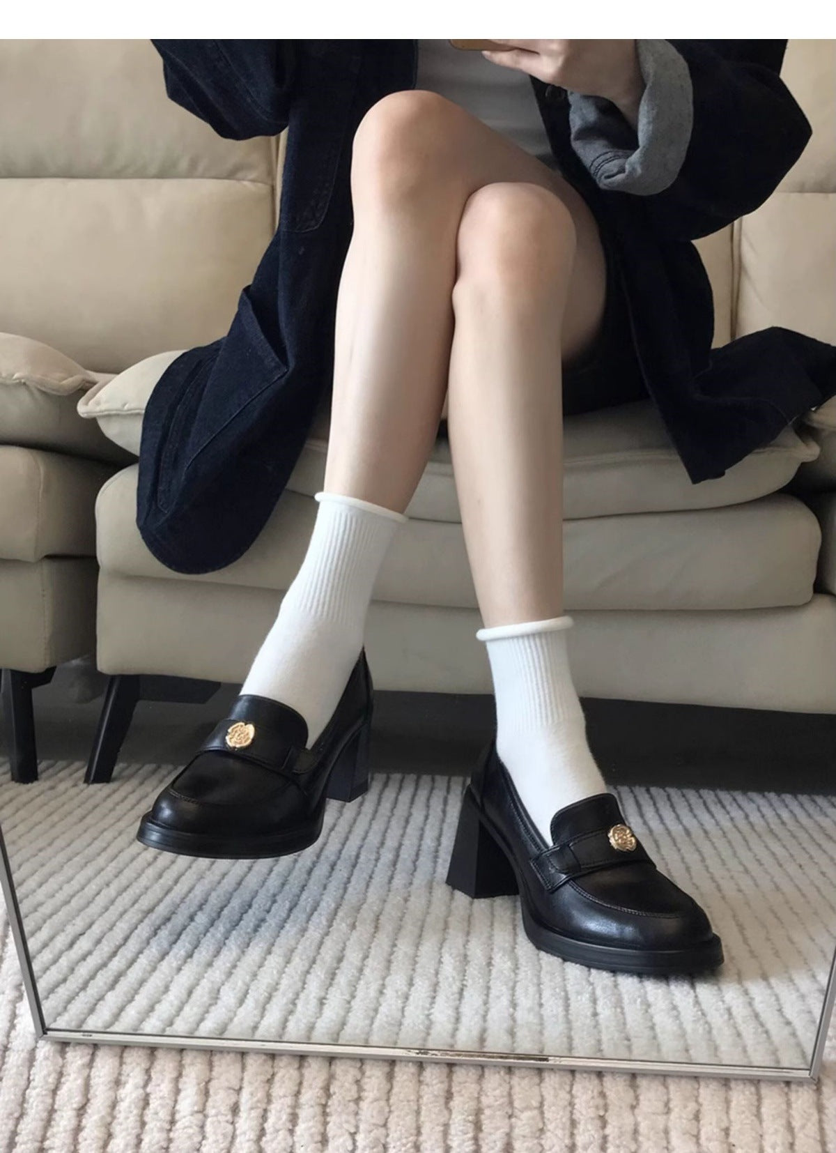 Camellia Loafers for Women2024New French Style Chunky Heel Black High Heel British Style Small Leather Shoes