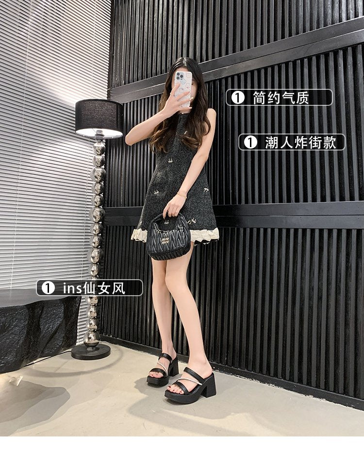 Solid Color Rubber Chunky Heel PU High Heel Slippers