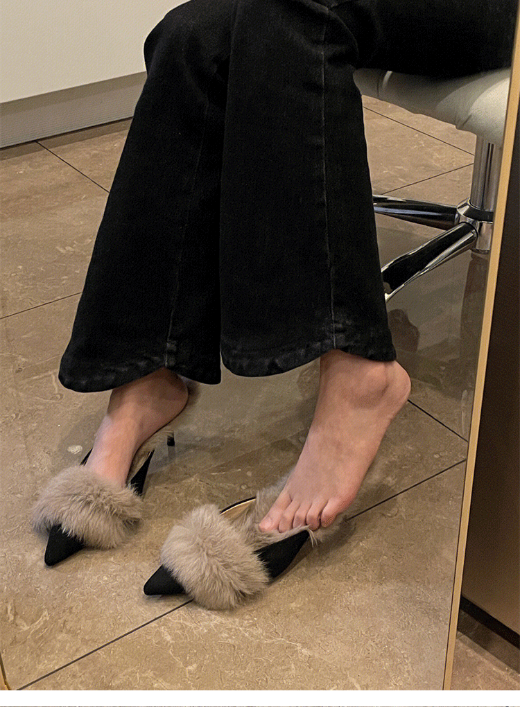 Autumn and Winter2024New Pointed Toe Furry Warm Thin Heel High Heel Mules Women Closed Toe Mules Slippers