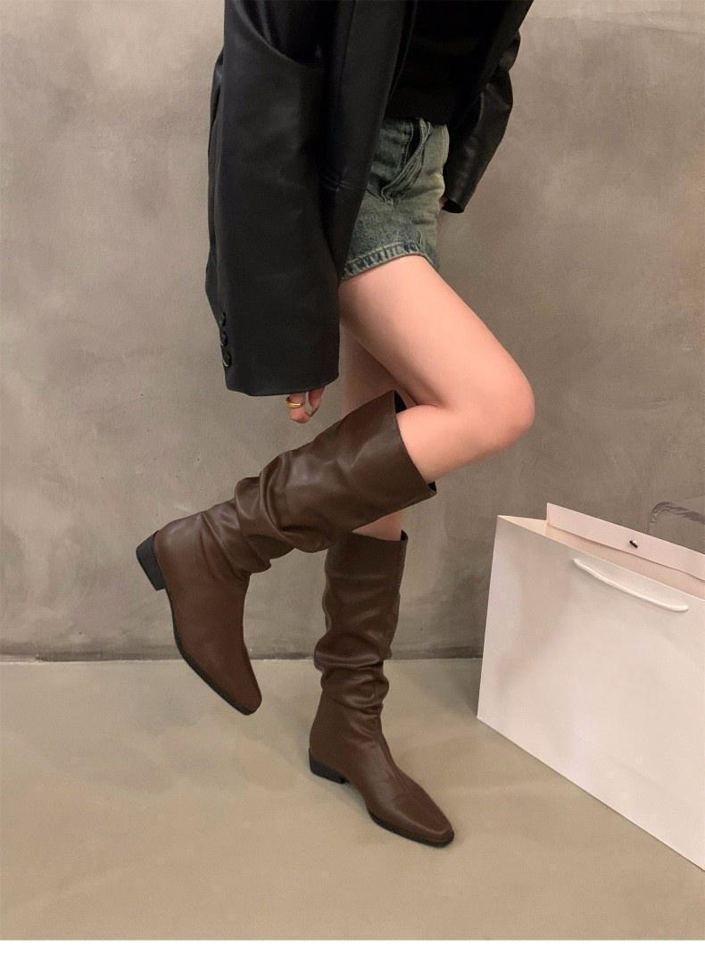 Chunky Heel Ruched Slouchy Long Tube Riding Boots for Women2024New Spring and Autumn Western Slim Mid-Calf Long Boots