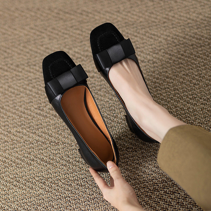 French style color-blocking high heels for women2024Spring and Autumn New Style Chunky Heel Bow Retro Mid-Heel Single Shoes