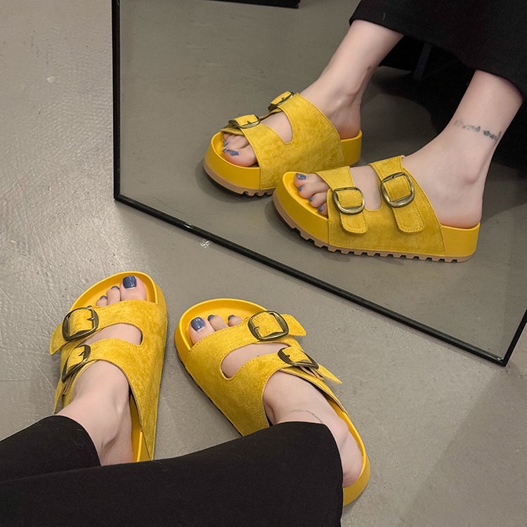 Solid Color Rubber Mid Heel(3-5cm)Platform Sole Suede Slippers