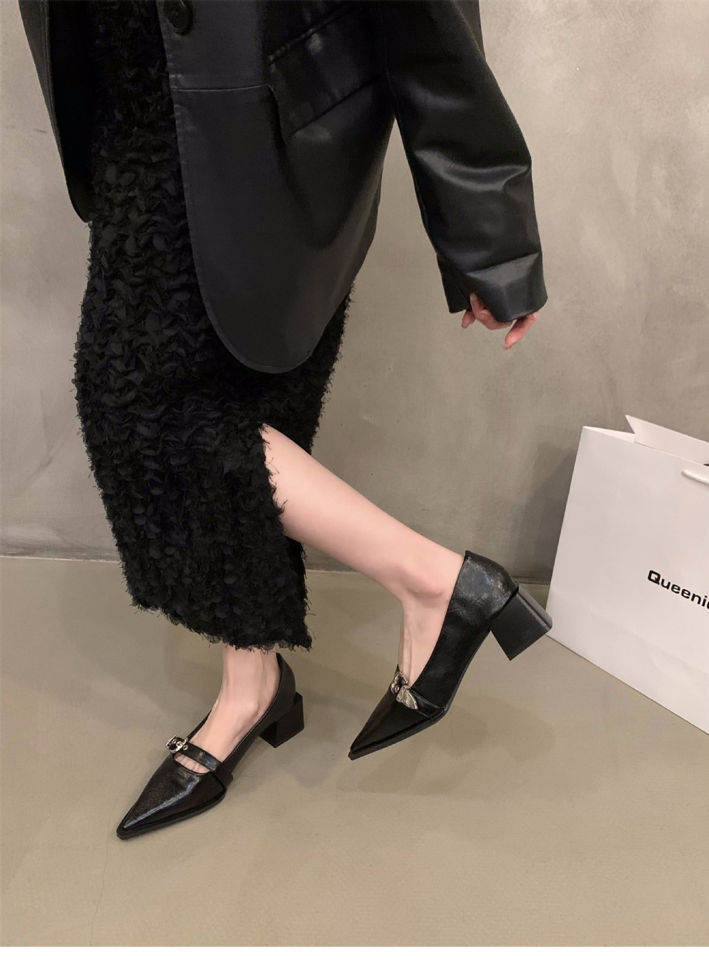 French Style Mary Jane Leather Shoes for Women2024New Spring Autumn Winter Black Pointed High Heels Single Shoes