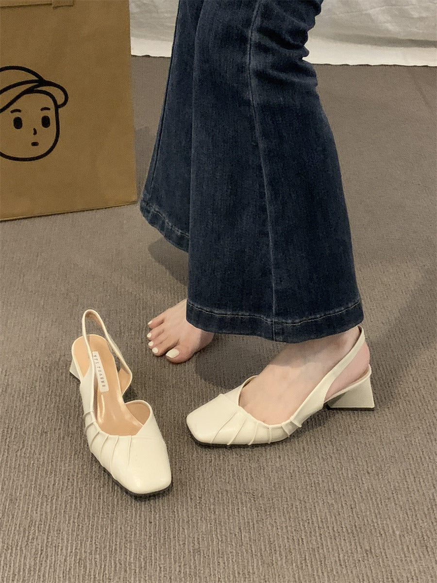 2024Spring Summer New High Heel Closed Toe Backless Sandals Women's Shoes Chunky Heel Shallow Mouth French Gentle Style Single Shoes Women's Shoes