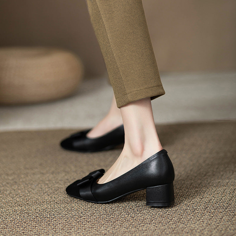 French style color-blocking high heels for women2024Spring and Autumn New Style Chunky Heel Bow Retro Mid-Heel Single Shoes
