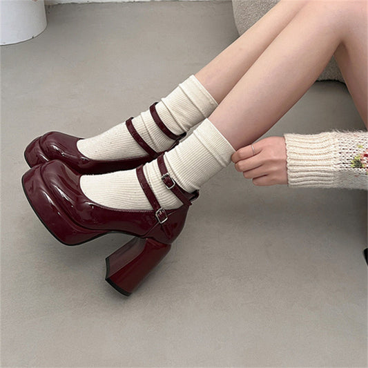 French style red high heels for women2024New Year's New Matching Skirt Temperament Thick Heel Mary Jane Shoes