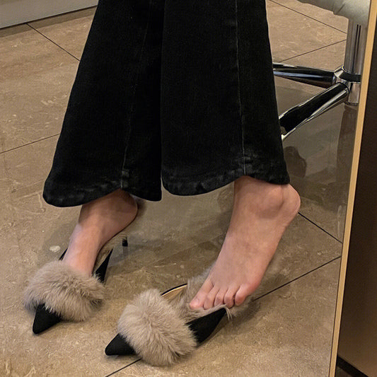 Autumn and Winter2024New Pointed Toe Furry Warm Thin Heel High Heel Mules Women Closed Toe Mules Slippers
