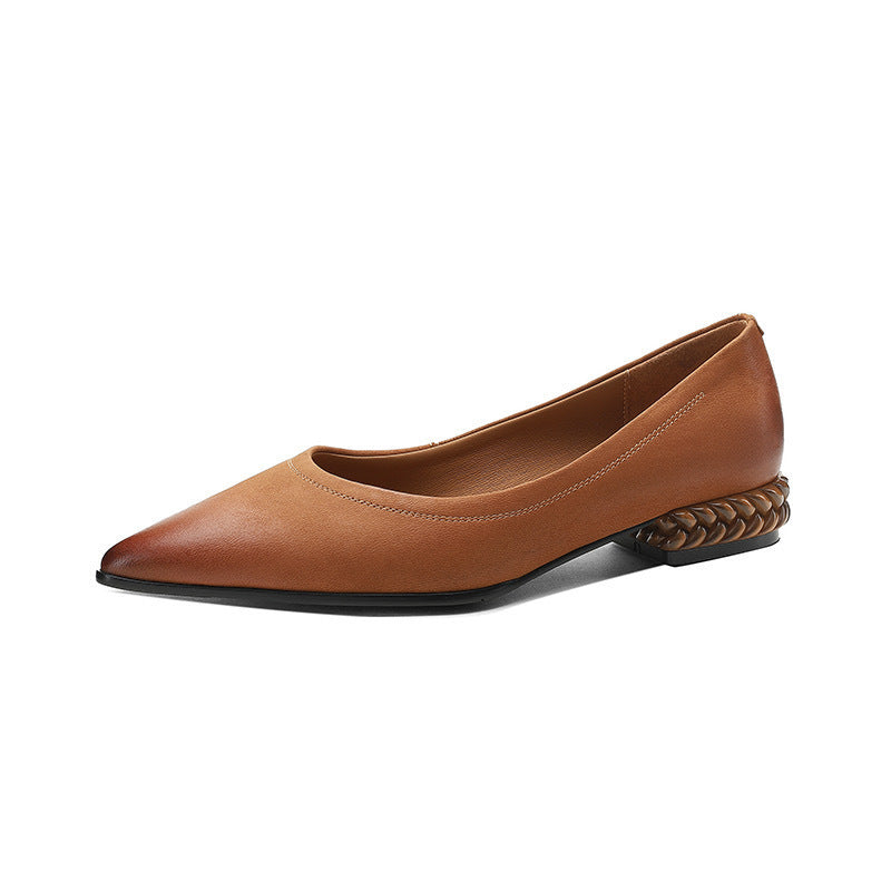 French Retro Color-Washed Pointed Toe Shallow Mouth Women's Shoes2023Spring new style comfortable soft leather thick heel low heel shoes