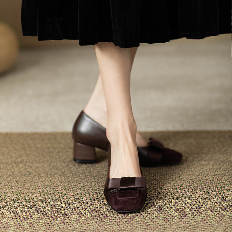 French style color-blocking high heels for women2024Spring and Autumn New Style Chunky Heel Bow Retro Mid-Heel Single Shoes
