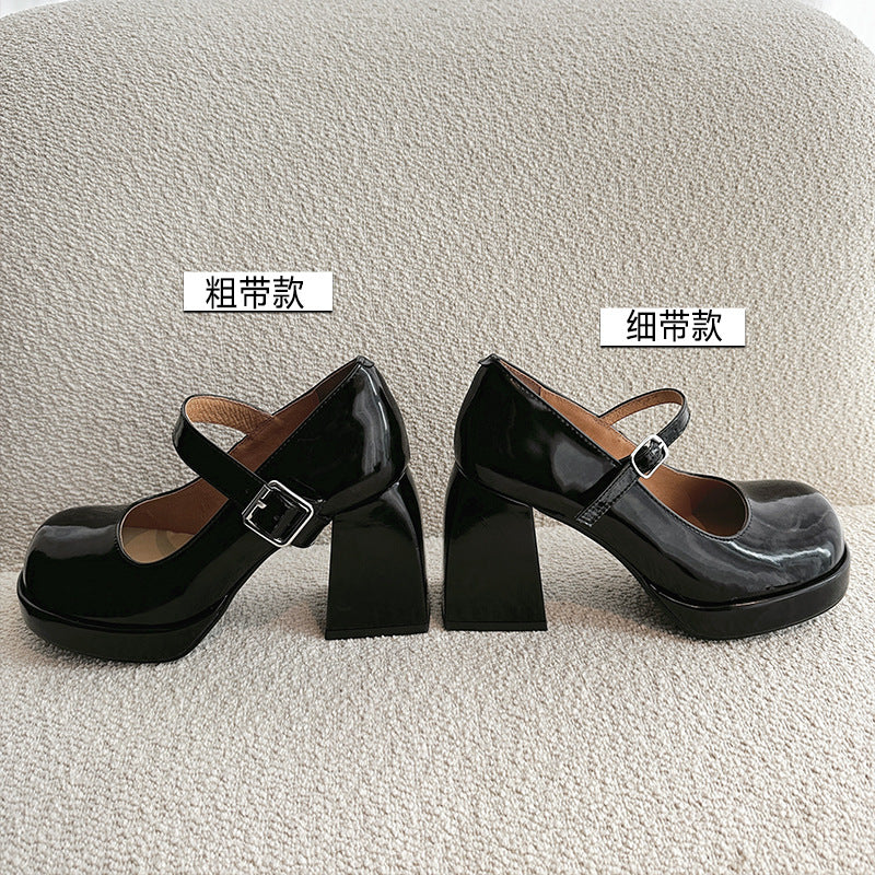 Black thick high heels2023New Style One-Strap Mary Jane Shoes Shallow Mouth Single Shoes for Women Round Toe