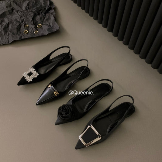 French flat black closed-toe sandals fairy shoes2025New spring and summer pointed toe rhinestone elegant shoes