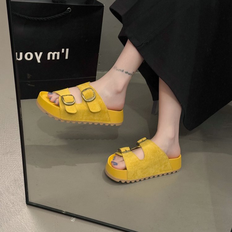 Solid Color Rubber Mid Heel(3-5cm)Platform Sole Suede Slippers