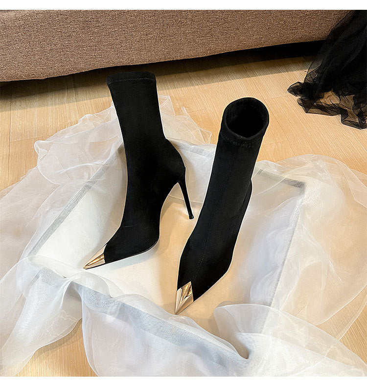 Black pointed toe stiletto high heel ankle boots for women2024New Autumn and Winter Elastic Slim Boots Mid-Calf Sock Boots Single Boots