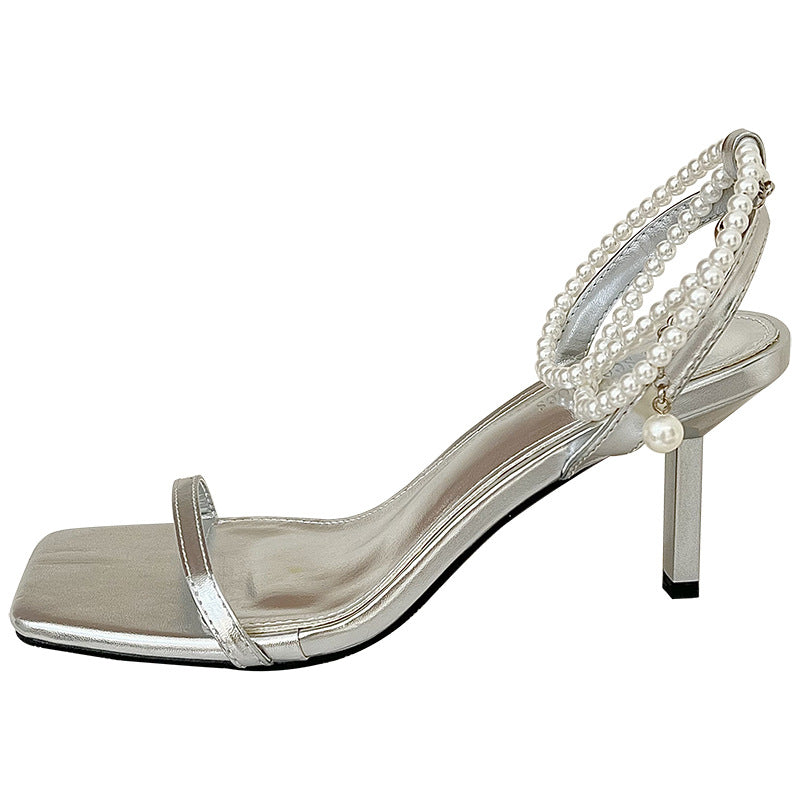 Mermaid Pearl Versatile Elegant One-Strap Sandals for Women2025New Year's Pearl Stiletto High Heels