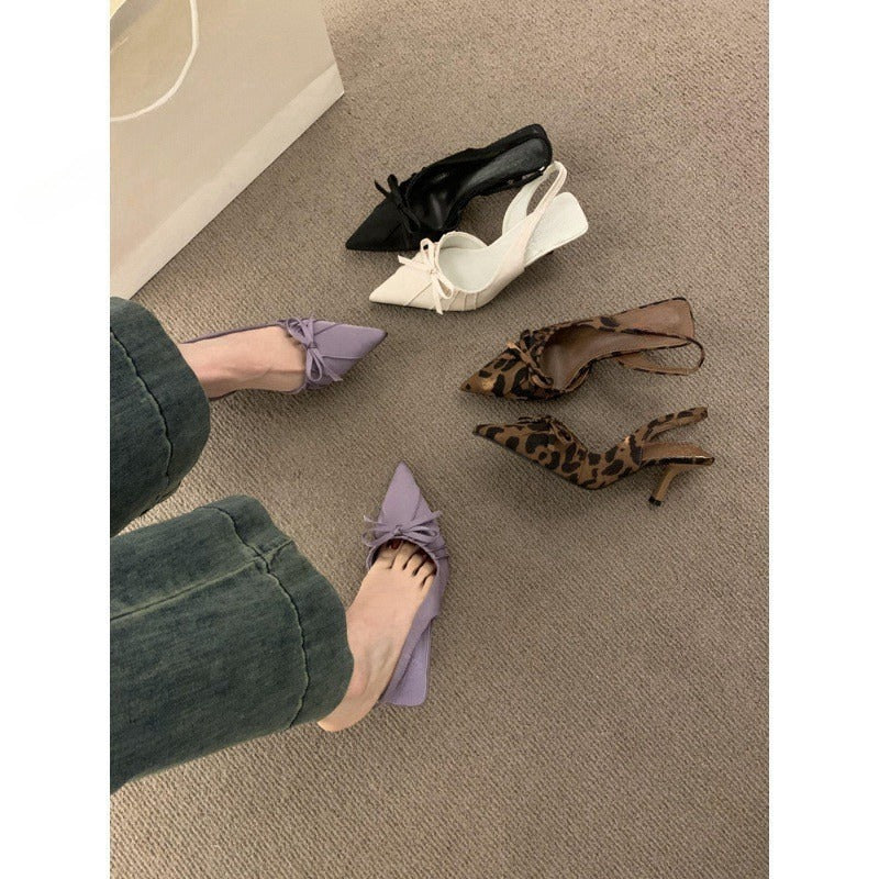 French high-end bow-knot stunning leopard print closed-toe sandals for women in summer2024New Year's stiletto high heels