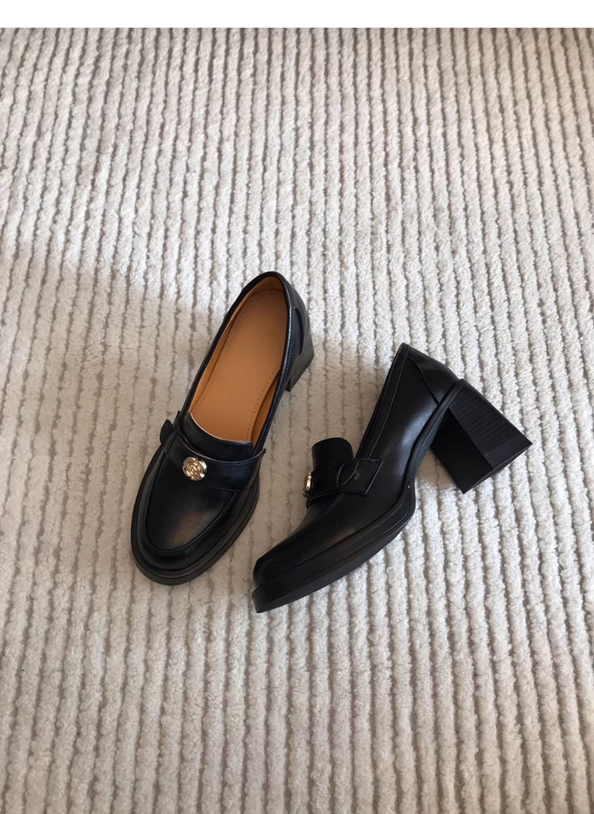 Camellia Loafers for Women2024New French Style Chunky Heel Black High Heel British Style Small Leather Shoes