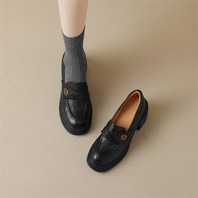 Soft and fluffy!2024Handmade Camellia Thick Sole Chunky High Heel Loafers