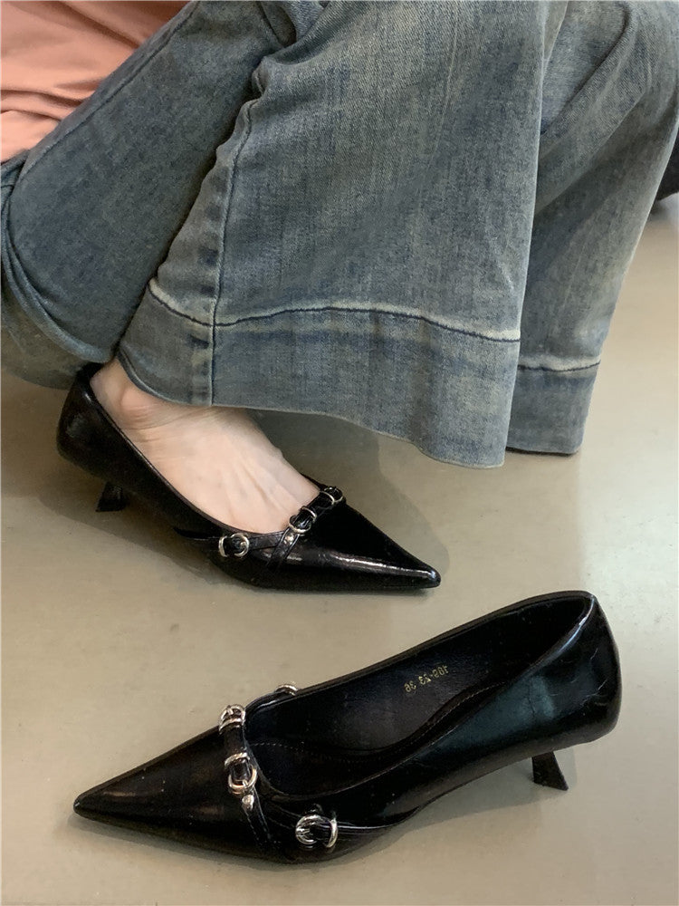 French-style Niche High Heels Women's Shoes2024New style elegant black pointed toe shallow mouth commuter shoes