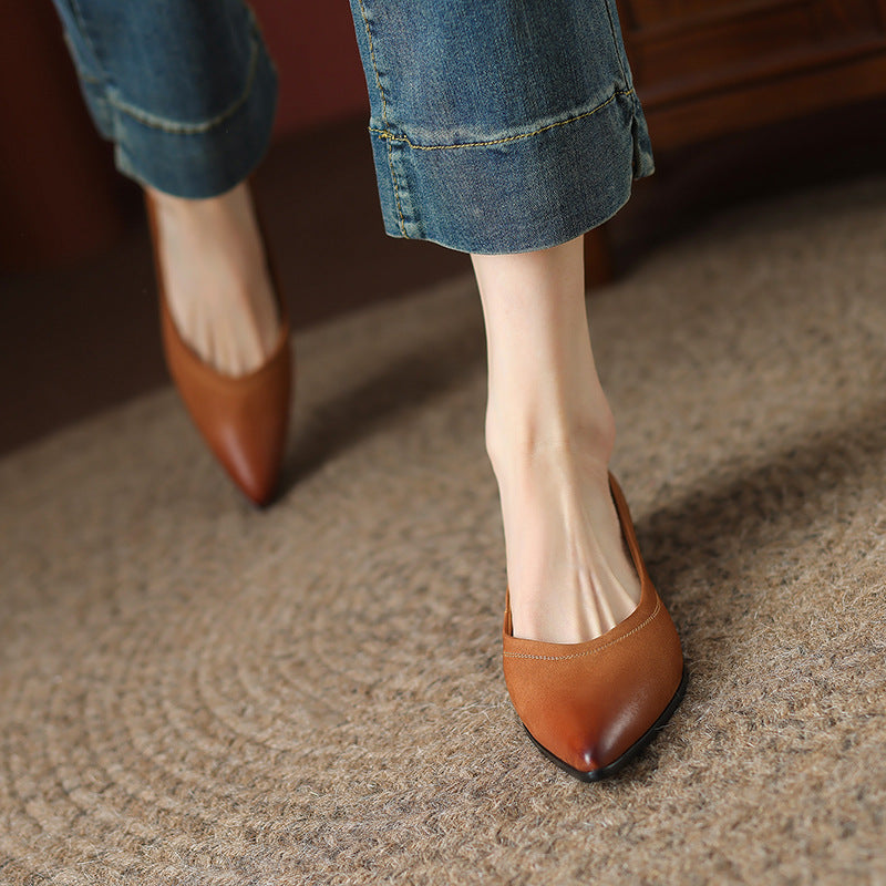 French Retro Color-Washed Pointed Toe Shallow Mouth Women's Shoes2023Spring new style comfortable soft leather thick heel low heel shoes