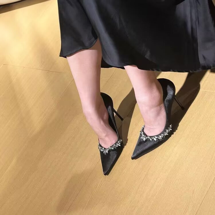 Purple high heels for women with thin heels and pointed toes, decorated with rhinestones V Elegant Socialite Style French Single Shoes2024Winter New