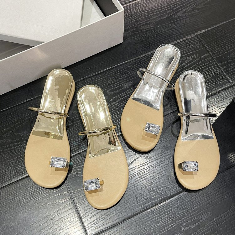PU Square Heel Low Heel Slippers Rubber Toe