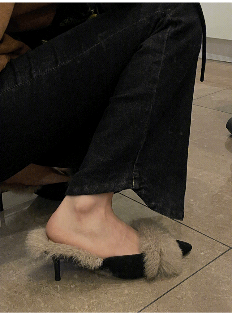 Autumn and Winter2024New Pointed Toe Furry Warm Thin Heel High Heel Mules Women Closed Toe Mules Slippers