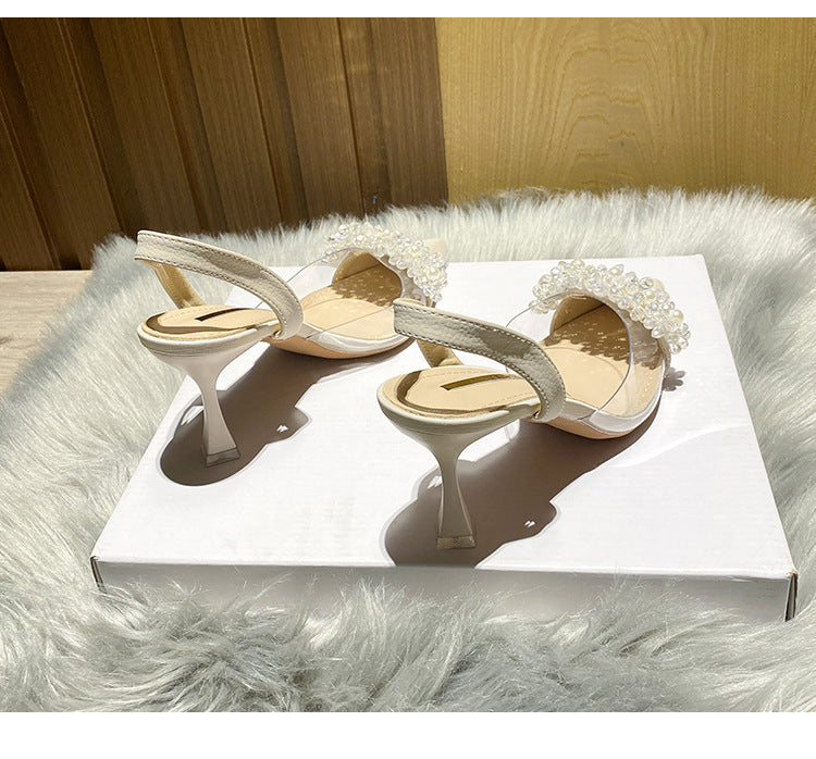 Women's Closed-Toe Sandals for Spring and Summer2023New Year's New French Transparent Pointed Toe Small Heel White High Heels Stiletto Single Shoes