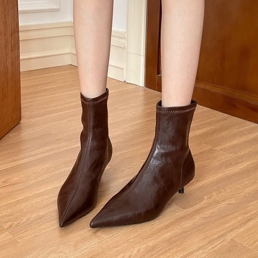 Comfortable and easy to wear!retro Brown Soft Leather Cat Heel Short Boots Women's Autumn New Small Low Heel Boots