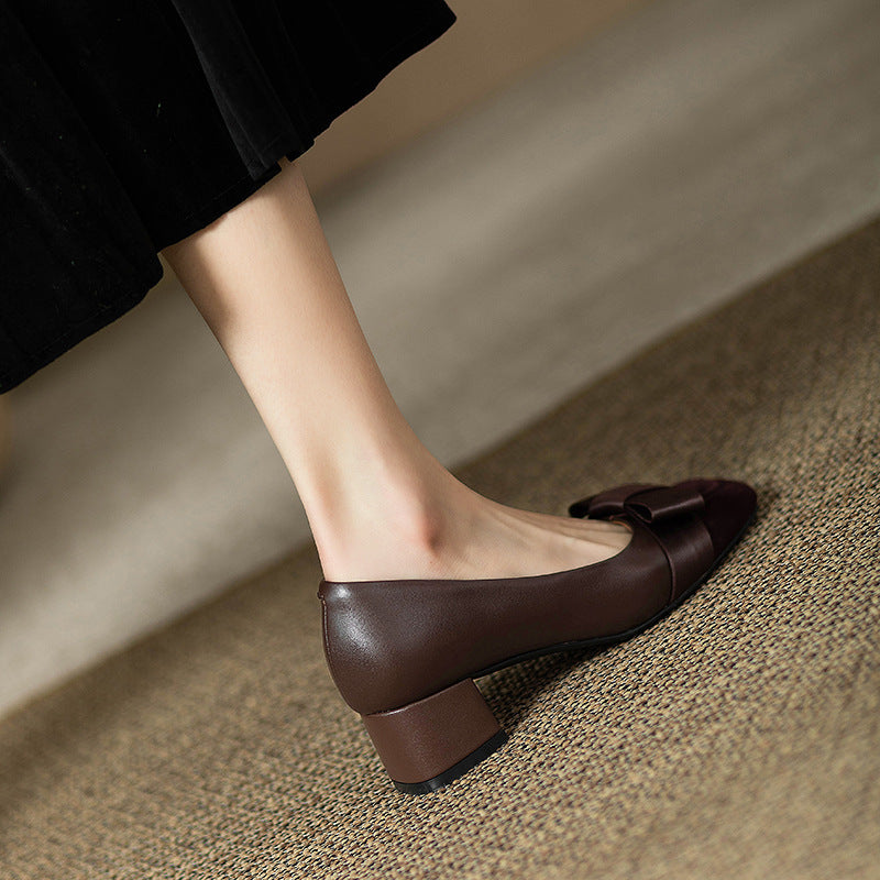 French style color-blocking high heels for women2024Spring and Autumn New Style Chunky Heel Bow Retro Mid-Heel Single Shoes