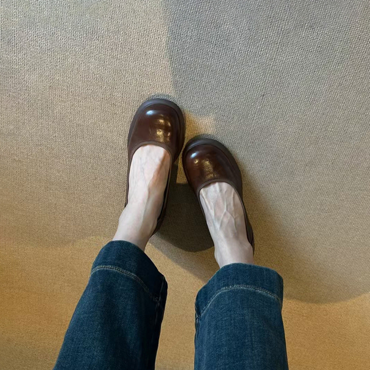 Vintage Shallow Mouth Single Shoes for Women, Round Toe, Chunky Heel, Slip-On Mary Jane Shoes, British Style Small Leather Shoes