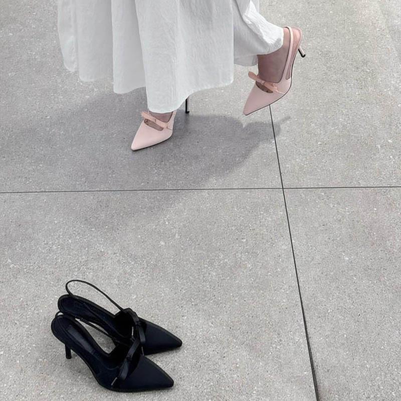 2025New French Style Pointed Toe Bow High Heels Women's Stiletto Sandals Elegant Versatile Shallow Mouth Shoes