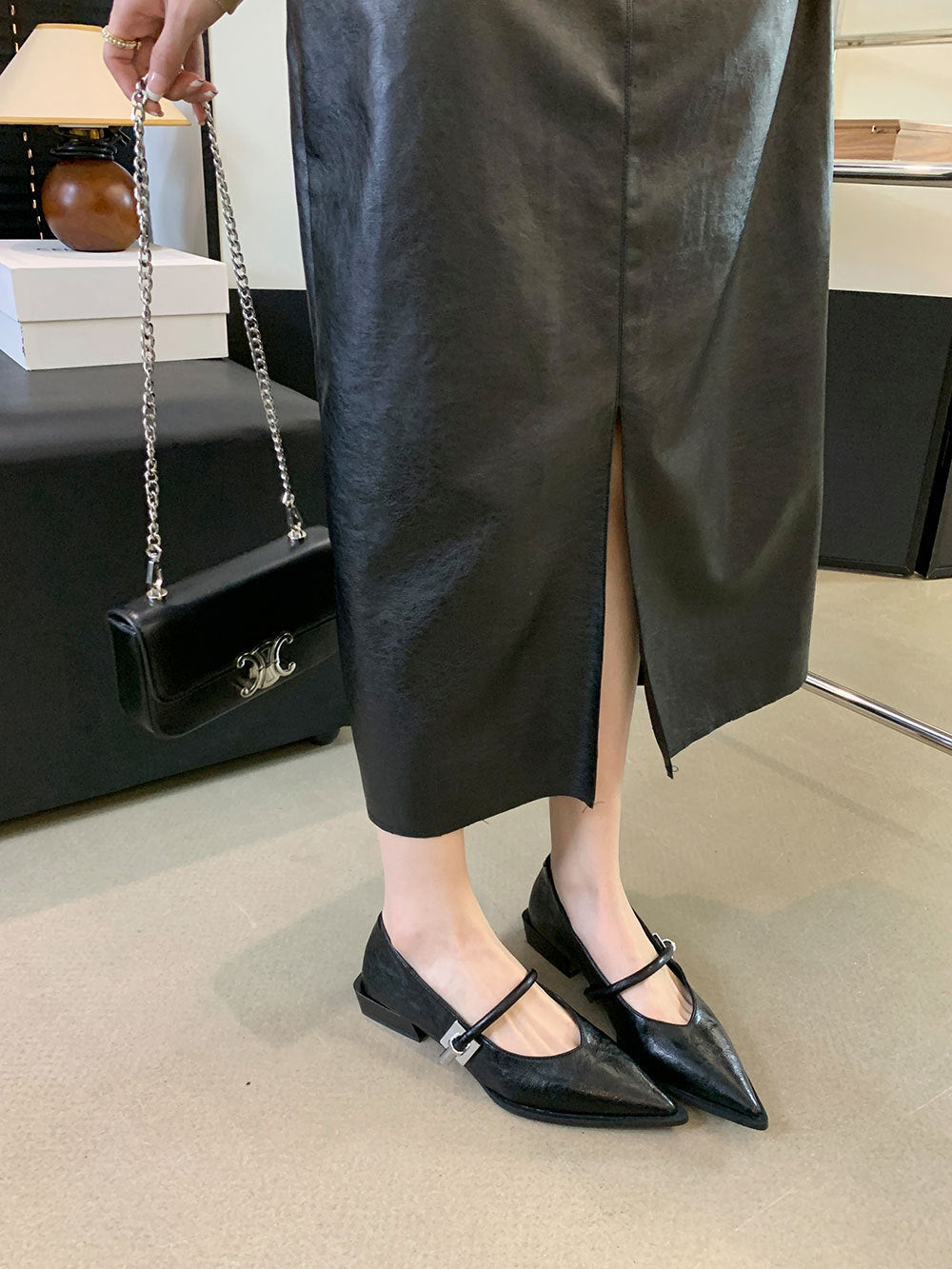 French Low Heel Shoes Small Fragrance Style Pointed Toe Single Shoes for Women2024Spring and Autumn New Mary Jane Women's Shoes Thick Heels