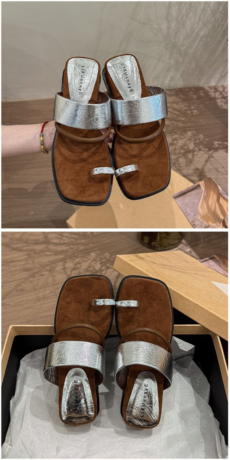 Rubber PU Medium Heel Flat Toe Slippers