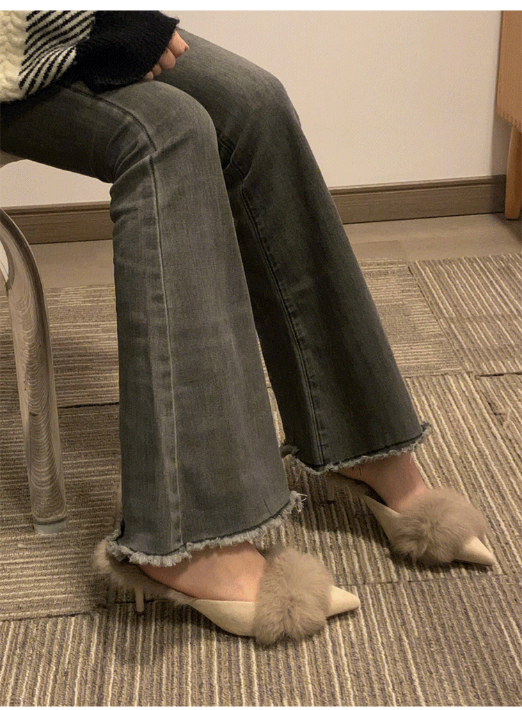 Autumn and Winter2024New Pointed Toe Furry Warm Thin Heel High Heel Mules Women Closed Toe Mules Slippers
