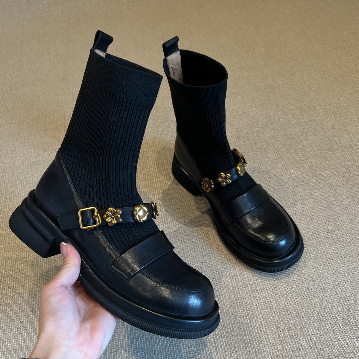 Thick-Soled Metal Buckle Elastic Short Boots Retro College Style Knitted Slim Boots Women Versatile Loafers Sock Boots